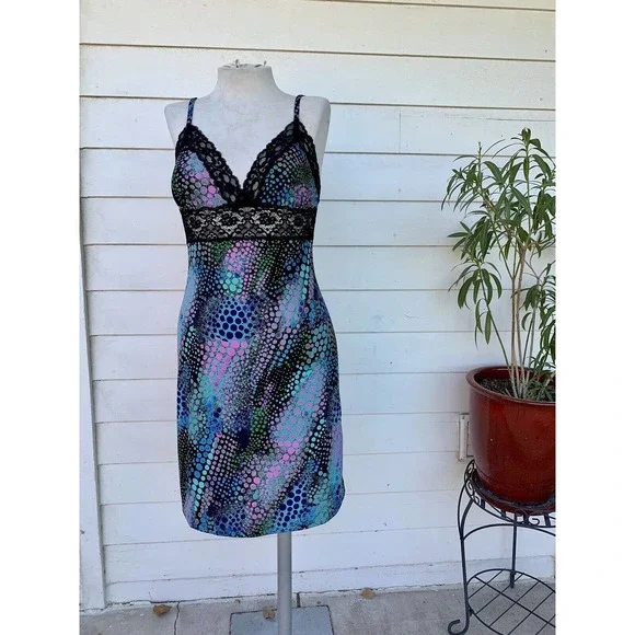 Vintage Betsey Johnson 90 2000 y2k Dot sexy Silk Slip Dress Pattern Lace abstrac - Picture 4 of 8